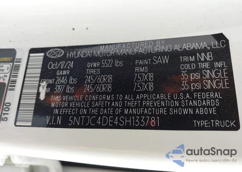 2025 Hyundai Santa Cruz Sel Activity z USA, uszkodzony, nr VIN 5NTJC4DE4SH133781